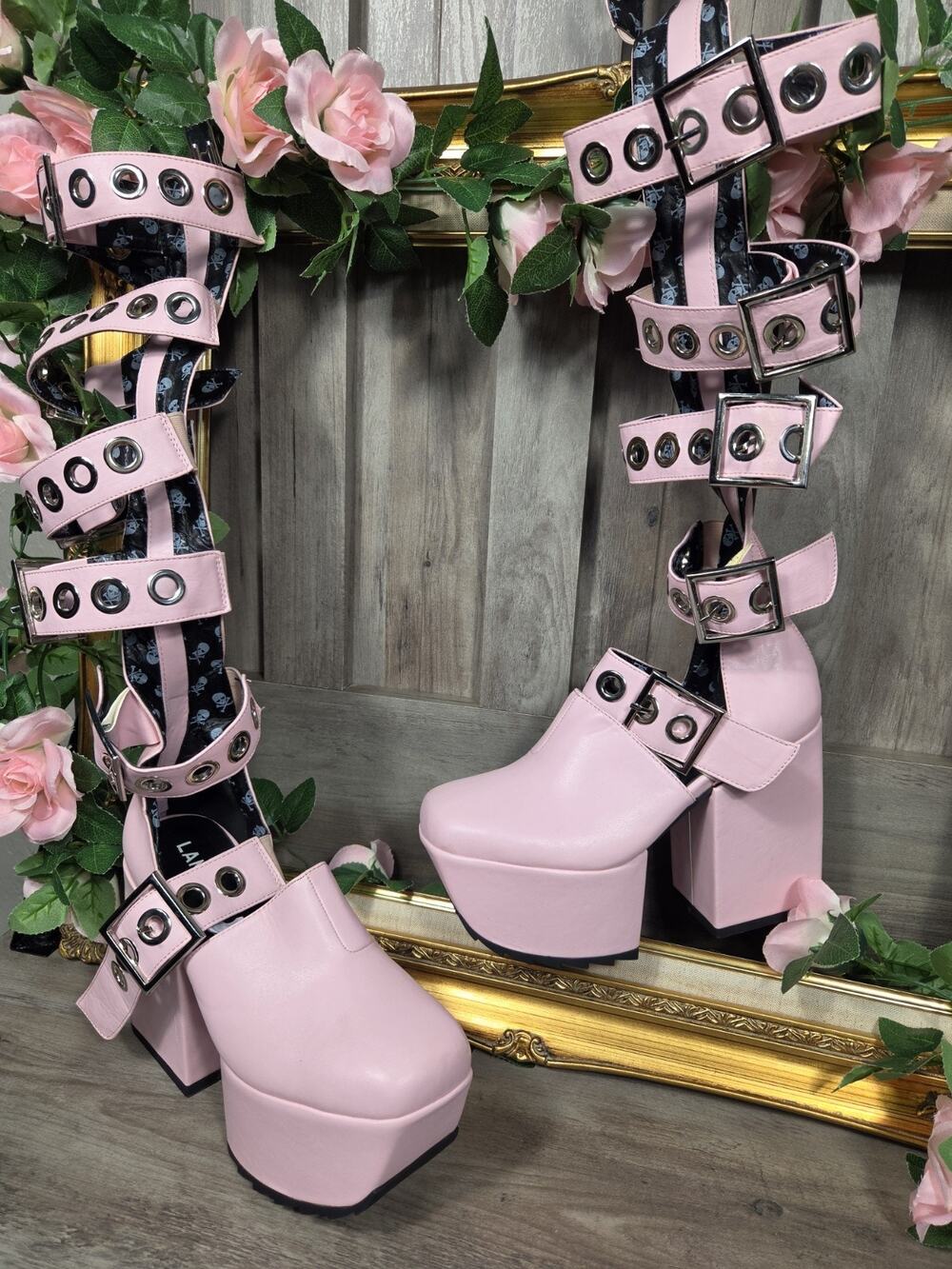 LAMODA Pink Platform Buckle Knee High Goth Boots Women's Size 7 Chunky Heels